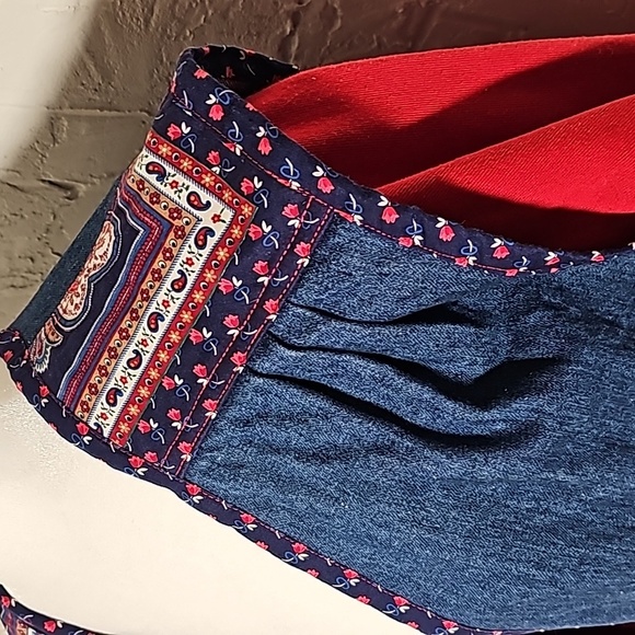 Vintage Patchwork Quilt Denim Jacket Coat Red Long Sleeve XL Pocket Boho Western - Picture 10 of 15